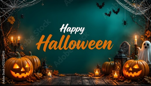 Happy Halloween Spooky Night Banner Concept on Dark Wooden Table with Glowing Jack O Lantern Pumpkins Candles White Ghost Spider Web and Bats
