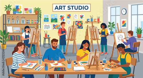 Art Studio Class with Students Painting on Easels Vector Illustration