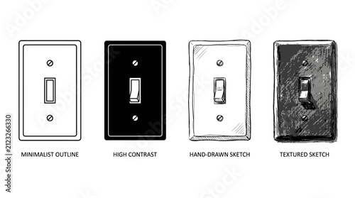 Four artistic renderings of a light switch plate, showing outline, contrast, sketch, and textured shading styles, emphasizing visual variation.
