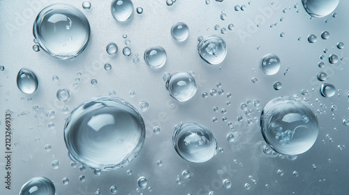 Water drops on plain background. Hyaluronic acid hydration concept 