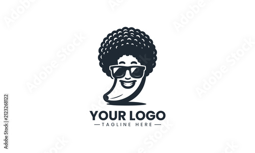 Smiling Banana Character Wears Afro Hairstyle Stylish Vector Logo