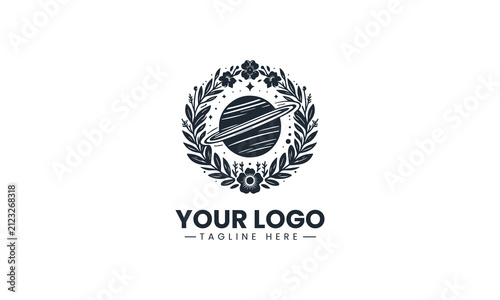 Ringed Planet Surrounded by Floral Wreath Elegant Vector Logo Design