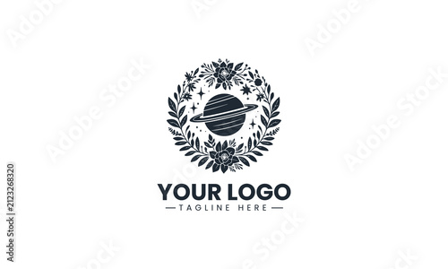 Ringed Planet Surrounded by Floral Wreath Elegant Vector Logo Design