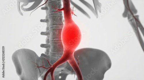 An abdominal aortic aneurysm shown in a medical 3D illustration against a spine.