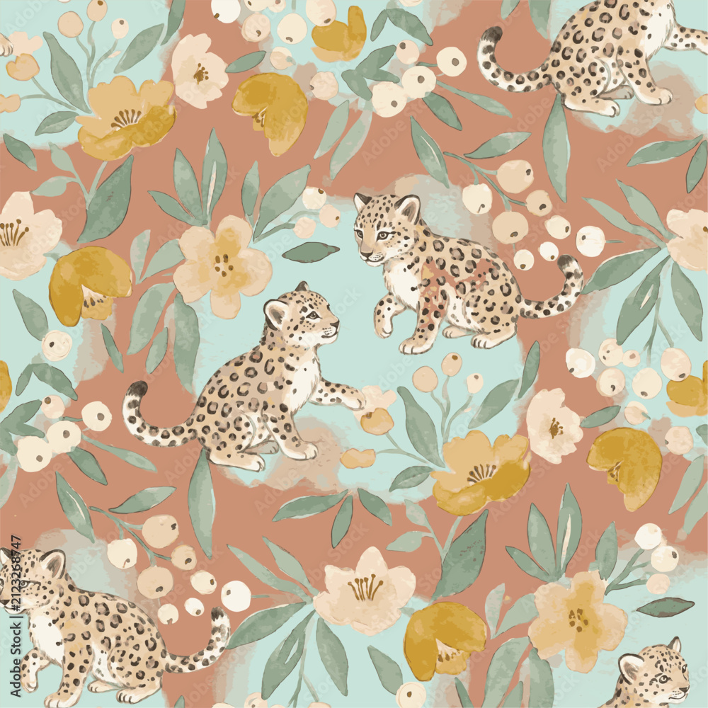 Obraz premium Seamless Pattern with Leopard Cubs and Flowers