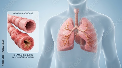 Close-up view of inflamed bronchi and trachea within the human respiratory system.