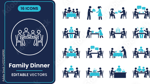 Family Dinner Vector Icons Set Depicting Meals, Gatherings, and People Eating Together