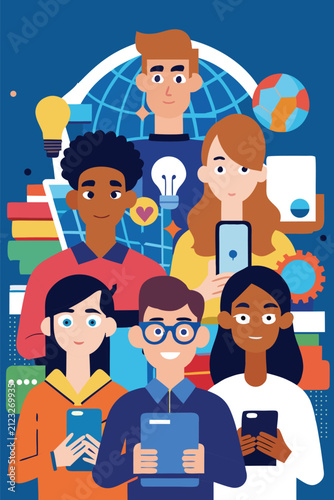 International Youth Day Vector Illustration with Diverse Students Using Digital Devices | Education, Innovation, Technology, Flat Design
