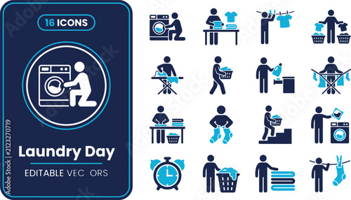 Comprehensive vector icon set depicting various essential laundry day tasks and household cleaning chores, including washing, drying, ironing, and folding clothes with efficiency
