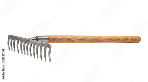 Metal garden rake with wooden handle on white background