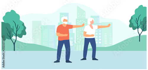 Elderly couple jogging exercise in park vector illustration. Elderly people healthy lifestyle, healthy aging for senior care concept