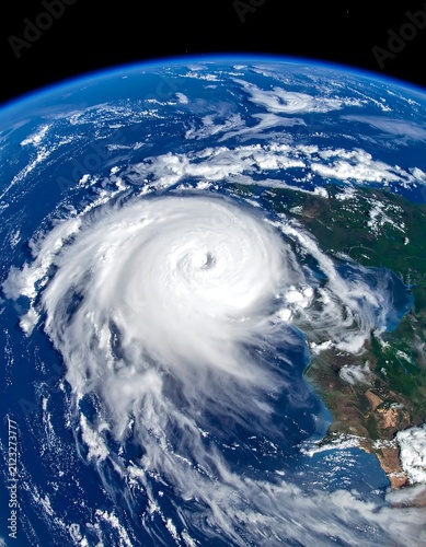 A satellite image of a large hurricane over the ocean near a coastline