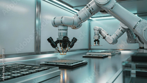 Robotic arms with specialized lens sensors inspecting electronic components on table.