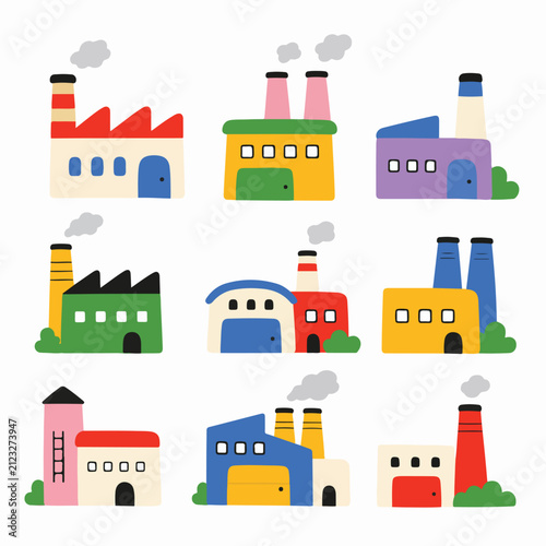 Set of colorful factory icons. Industrial building illustrations for manufacturing design.