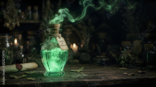 Magical green potion in vintage bottle, witch elixir with smoke, fantasy alchemy, mystical brew, glimmering emerald liquid, dark arts, spell ingredients for halloween 4k