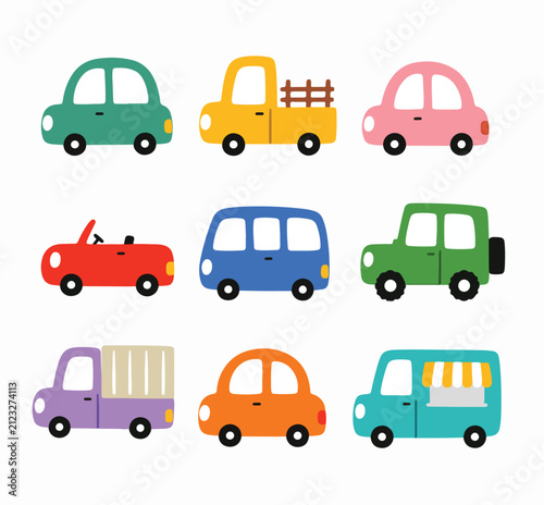 Cute cartoon car icon set. Colorful hand drawn vehicles for kids design projects.