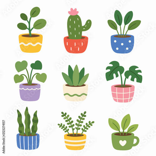 Set of cute potted houseplants. Hand drawn vector illustrations of indoor garden plants.