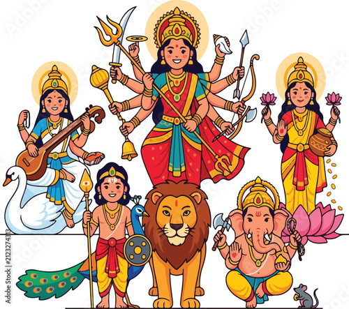 Durga Puja Family Vector Illustration