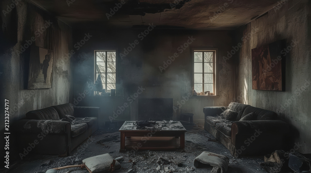 Fototapeta premium Burned living room with charred furniture and smoky light