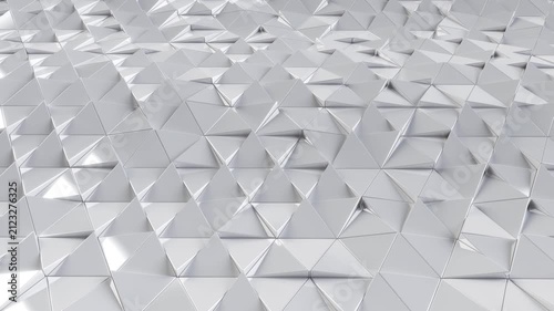 Abstract white and silver metallic low poly triangle surface moving in a smooth wave pattern. 3D render geometric low-poly background, seamless loopable animation.