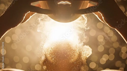 Self-Discovery Concept: Extreme Close-Up of Mask Dissolving into Glowing Particles for Personal Growth