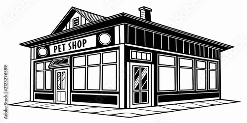 Black and white pet shop storefront silhouette isolated on white