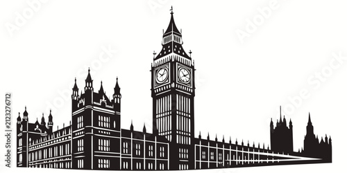 Foto Black and white silhouette of historic clock tower, big ben, london