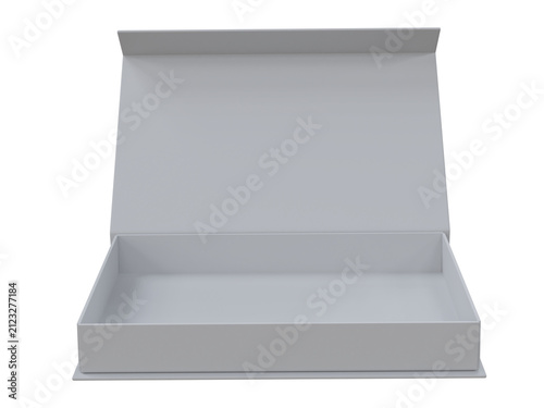 3D Blank rigid gift box mockup with open magnetic lid isolated on a background. Premium packaging template for luxury branding, product presentation, print design, retail packaging and marketing.