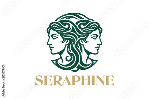 Elegant Classical Twin Faces Logo Design with Intertwined Hair and Seraphine Text