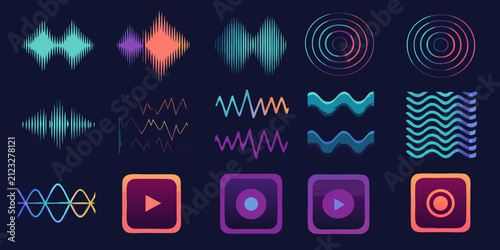 Foto Wave patterns and audio control icons vibrant vector illustration