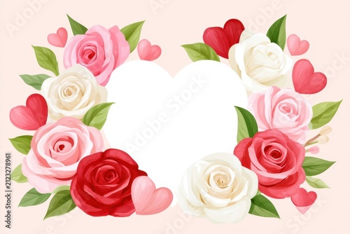 Floral heart frame with roses and decorative hearts in soft pastel tones