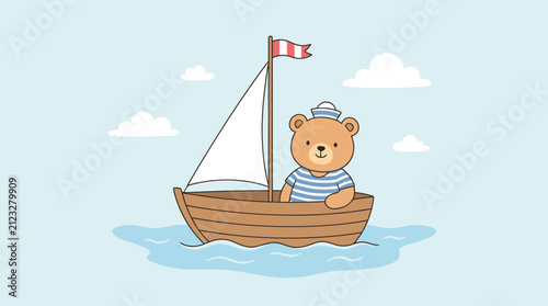 Foto Cute Flat Style Teddy Bear Sailor in Wooden Boat on Blue Water with Clouds and S