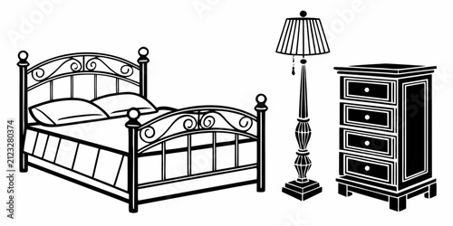 Black bedroom furniture bed, nightstand, lamp, and dresser on white black furniture