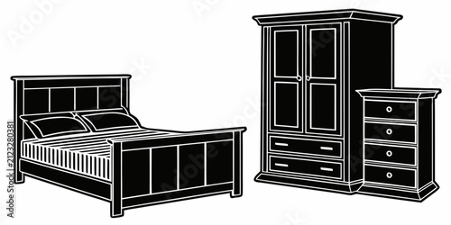 Black bedroom furniture set silhouette on white background, silhouette style, isolated on white