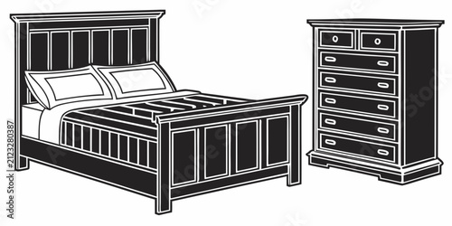 Black bedroom furniture set, bed, nightstands, dresser, silhouette, isolated black furniture