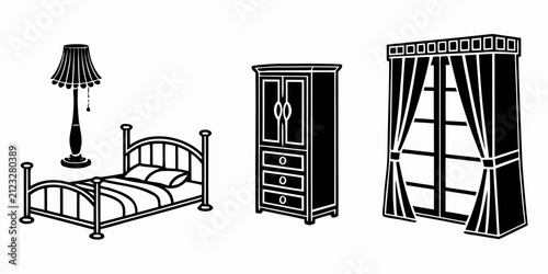 Black bedroom furniture set, isolated on white background, black furniture