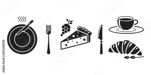 Black bicycle, fork, wrench, coffee cup, and pizza slice silhouette black silhouette
