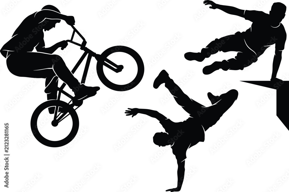 Fototapeta premium Dynamic extreme sports silhouette set featuring a BMX bike rider, parkour athlete jumping, and urban breakdancer