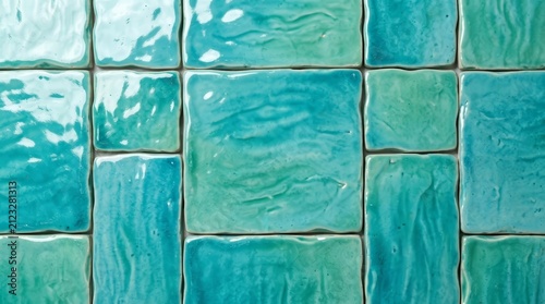 Close up overhead view of handmade turquoise zellige tiles with glazed texture.