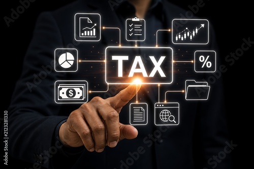 Businessman touching glowing tax concept interface with financial icons on dark background