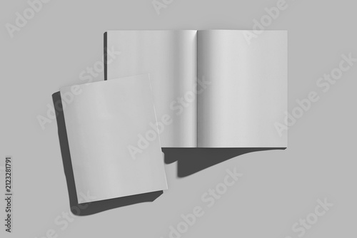 blank letter size editorial workbook cover and spread pages realistic mockup template 3d render isolated top view with hard shadows