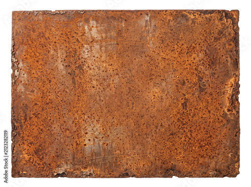 Rectangular metal plate covered in uniform orange rust and fine pitted texture on a plain white background