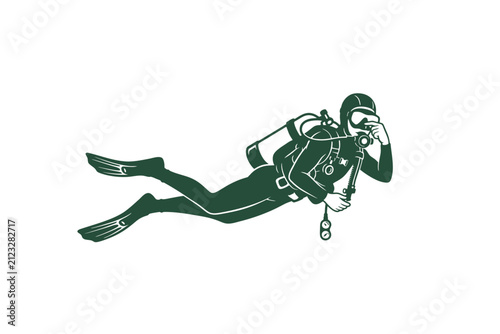 Fotografie Scuba diver descending vertically, equalizing ears with one hand, legs slightly