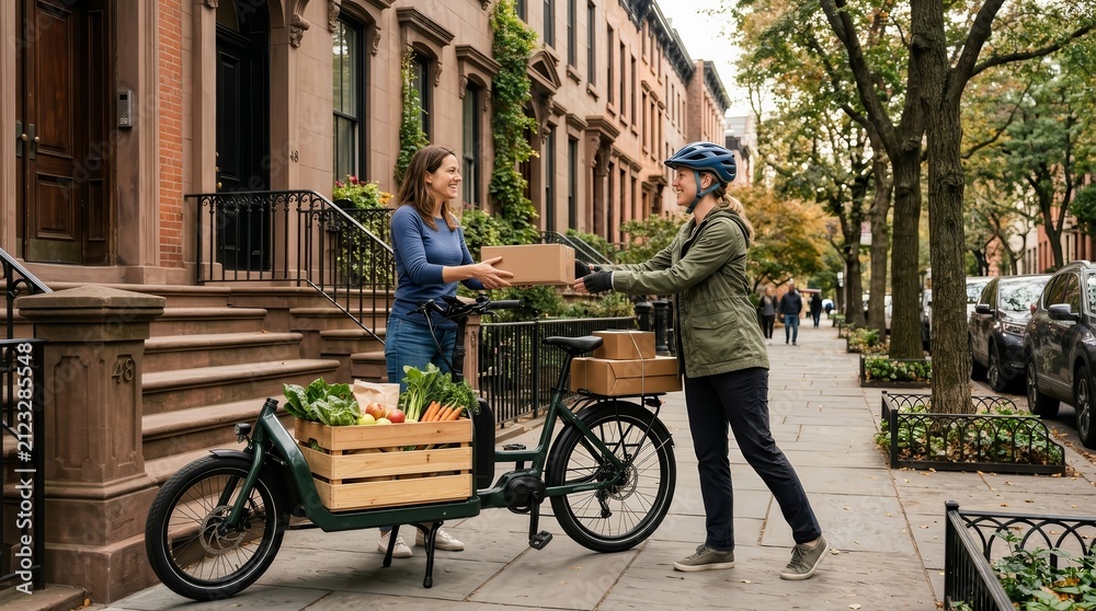 Obraz premium Female customer receives a delivery package from a courier on brownstone steps in the city.