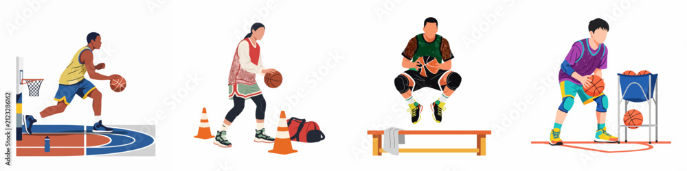 Fototapeta premium Diverse collection of flat illustrations depicting basketball players engaged in various training drills, dribbling exercises, and skill development activities on a court.