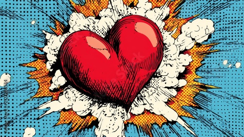 Bright red heart in pop art style exploding into comic book-style shards with dotted halftone background and bold black outlines