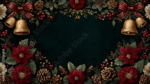 This vintage Christmas decorative border frames a deep dark green empty space, adorned with red poinsettias, pinecones, golden bells, red berries, holly leaves, red bows and gilded foliage