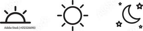 Sun Moon Icon Set, Sunrise Daylight Night Sky and Celestial Outline Symbols