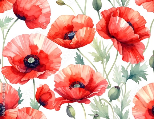 A seamless pattern of vibrant red poppies with green stems and leaves on white background