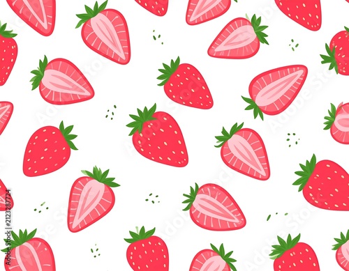 A seamless pattern of vibrant red strawberries on a white background